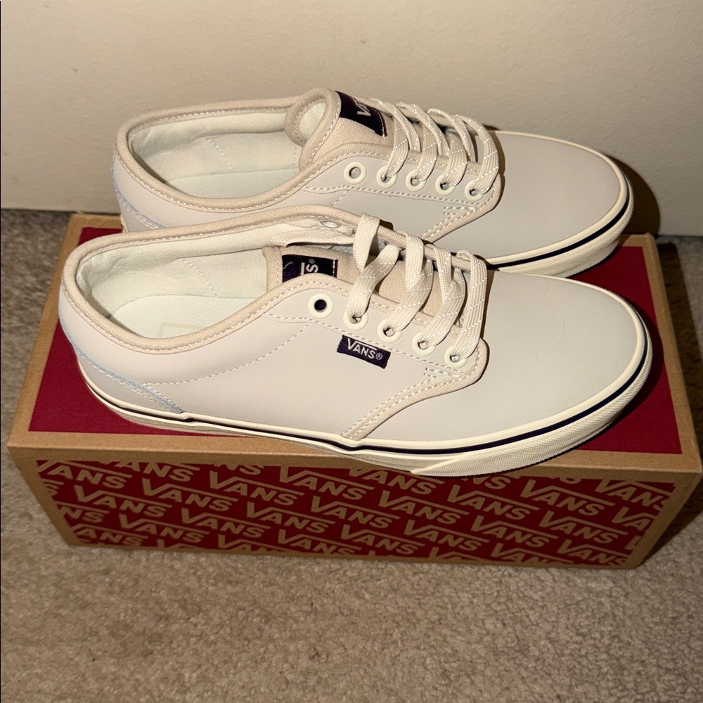 Vans Atwood Low-Top Sneakers in Cream with Black Stripe Reflective Lace Oatmeal
